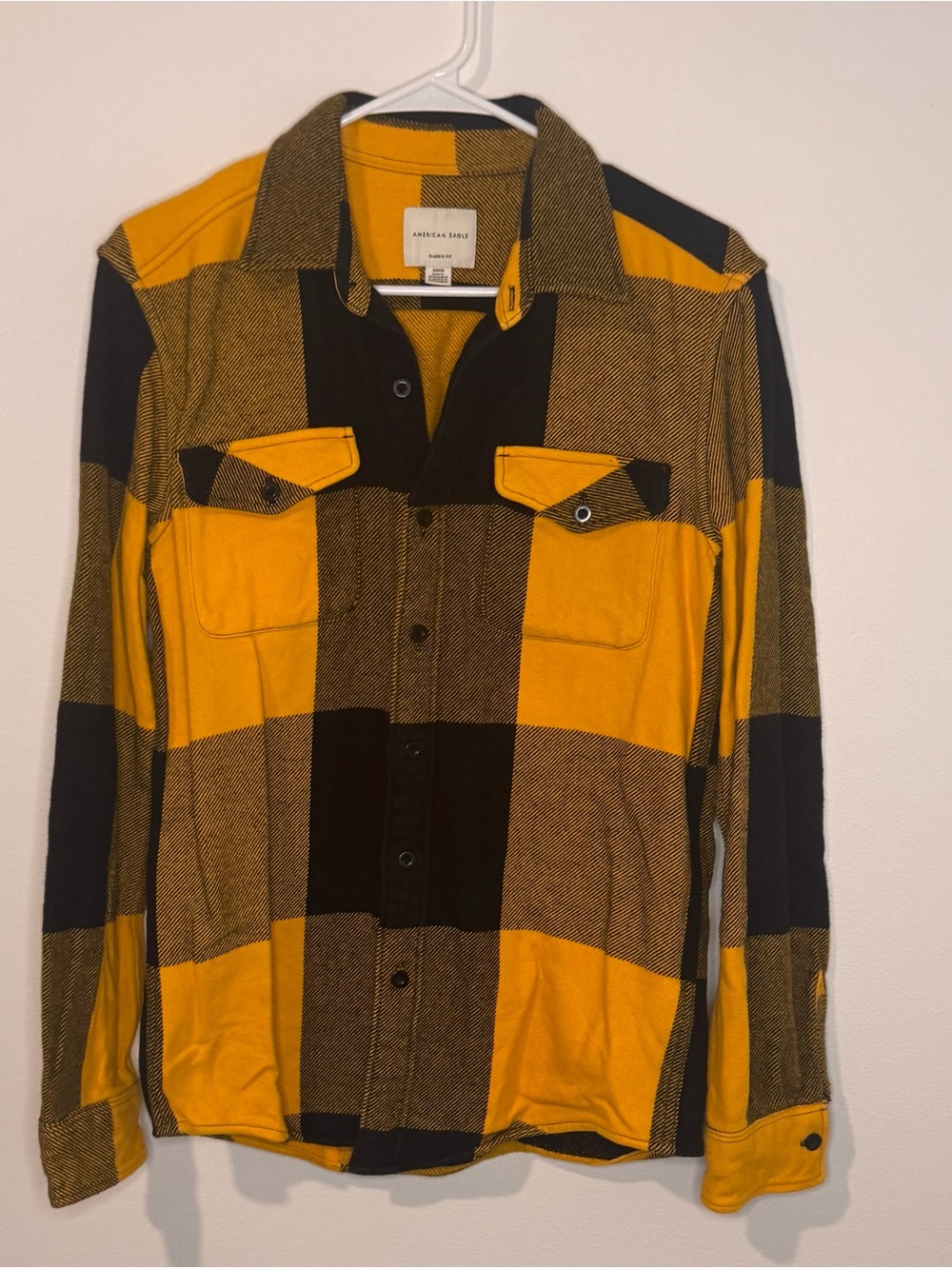 American Eagle Mens Small Yellow Black Buffalo Plaid Flannel Shirt Classic Fit